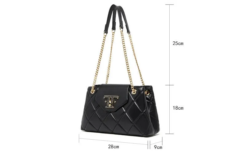 28CM head layer cowhide chain leather single shoulder women's bag 2795 black