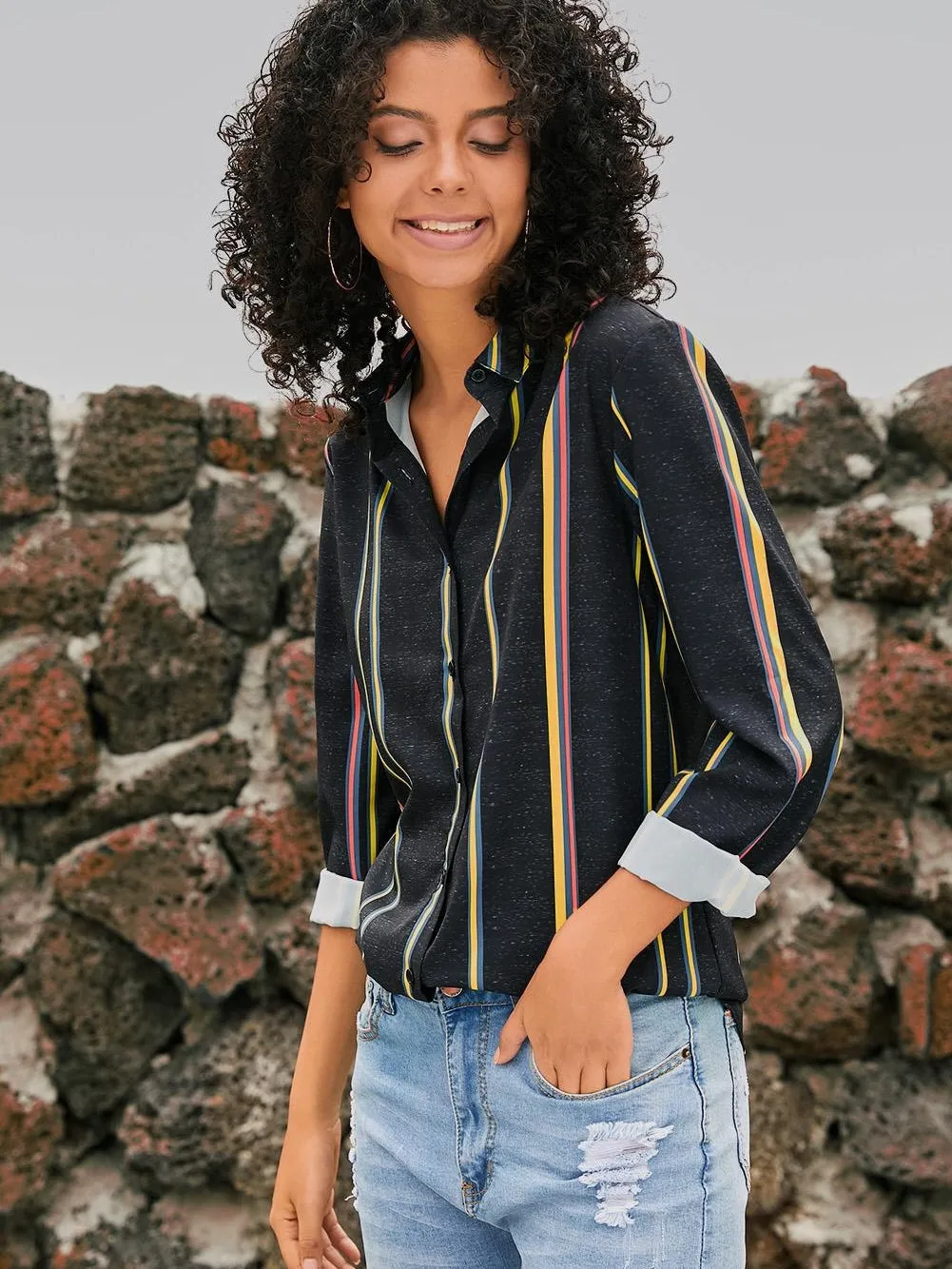 3/4 Sleeve Collared Striped Shirt