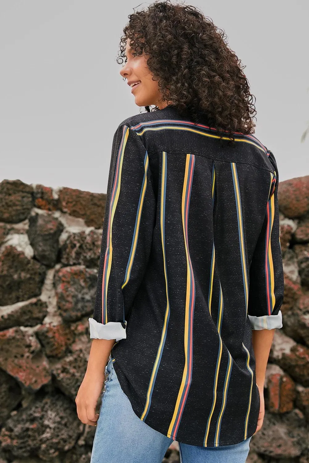 3/4 Sleeve Collared Striped Shirt