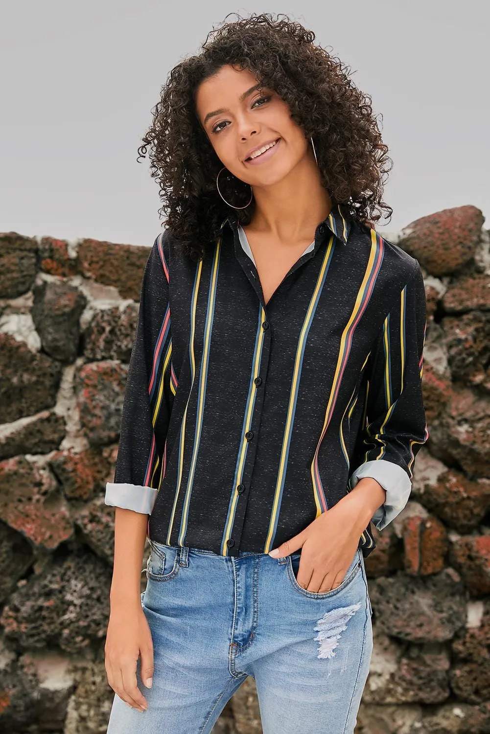 3/4 Sleeve Collared Striped Shirt