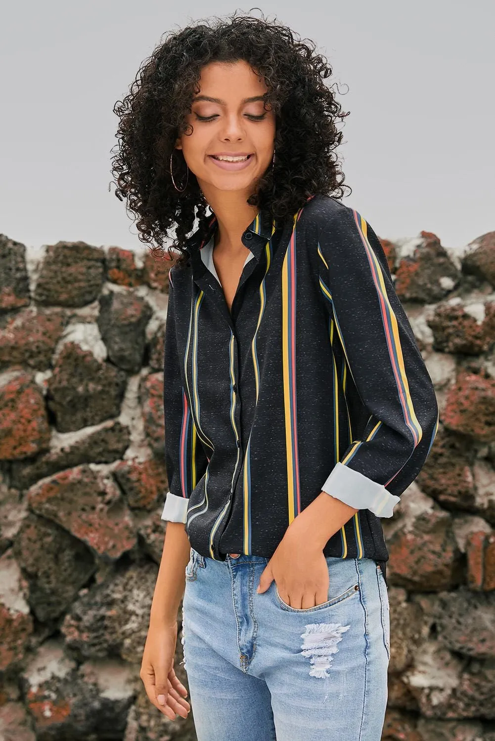 3/4 Sleeve Collared Striped Shirt