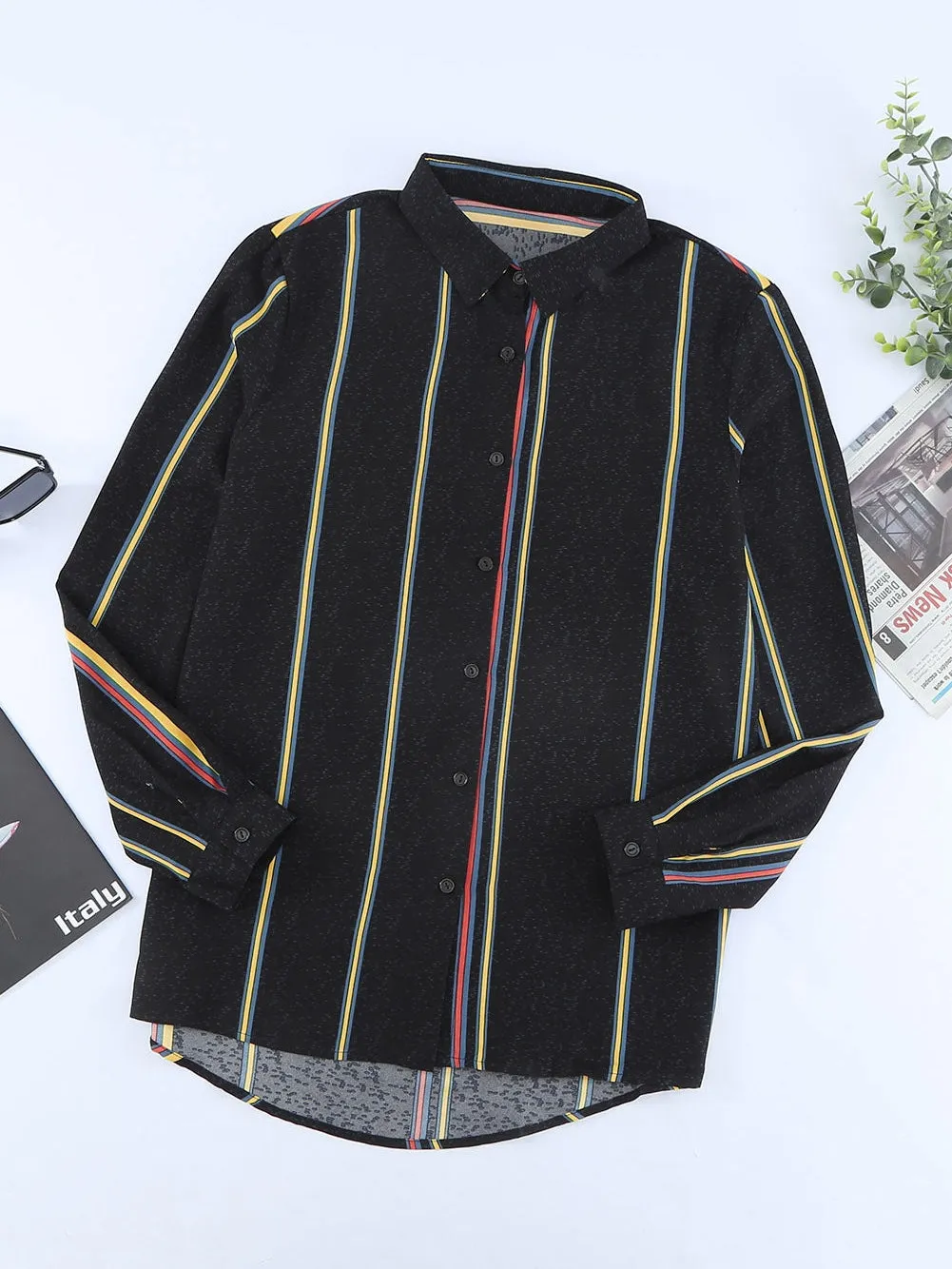 3/4 Sleeve Collared Striped Shirt