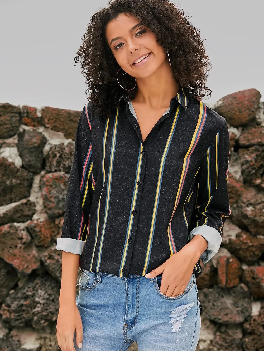 3/4 Sleeve Collared Striped Shirt