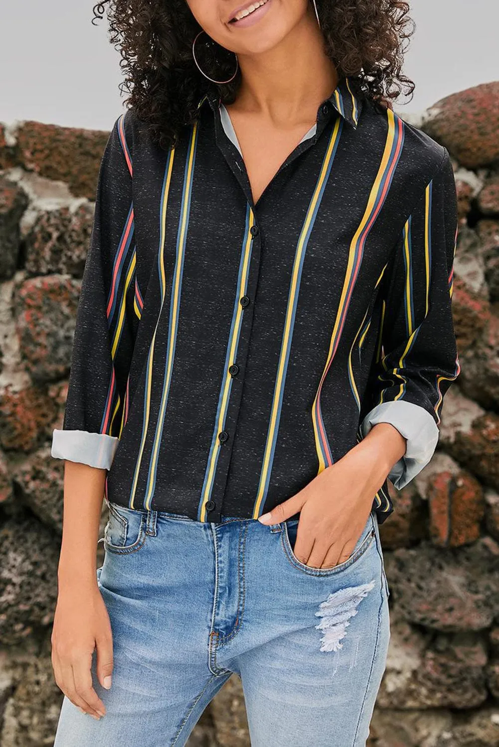 3/4 Sleeve Collared Striped Shirt