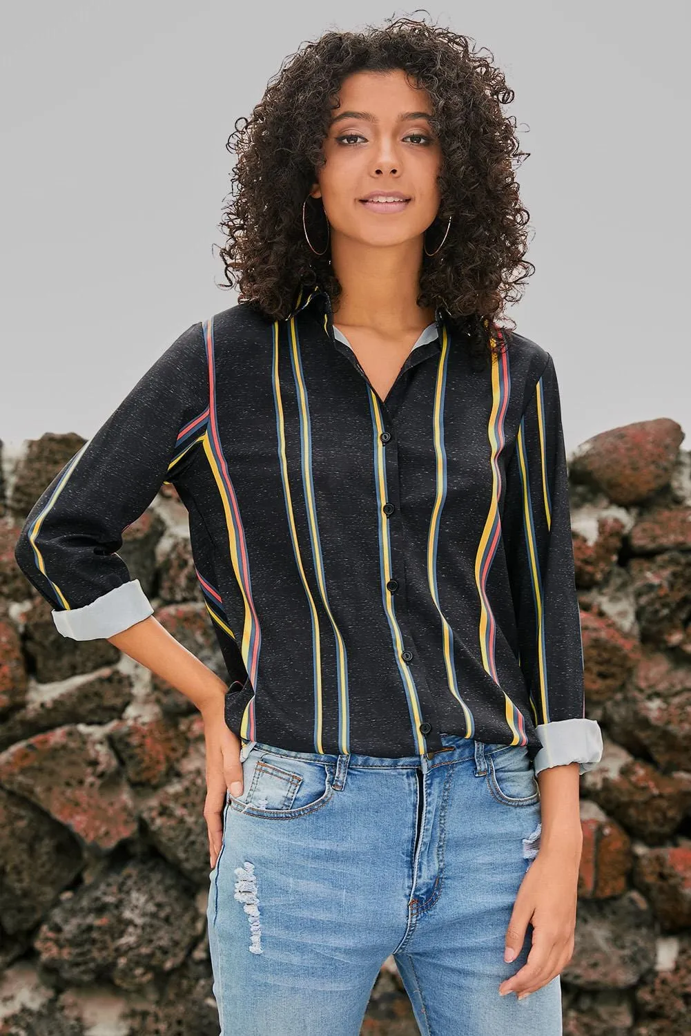 3/4 Sleeve Collared Striped Shirt