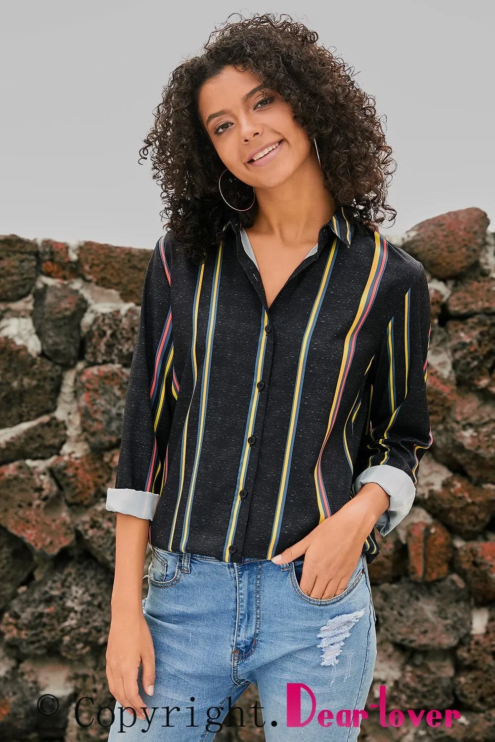 3/4 Sleeve Collared Striped Shirt