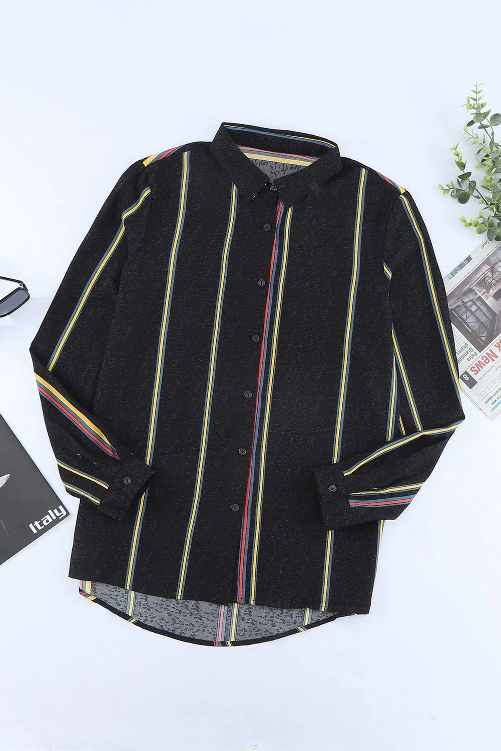 3/4 Sleeve Collared Striped Shirt