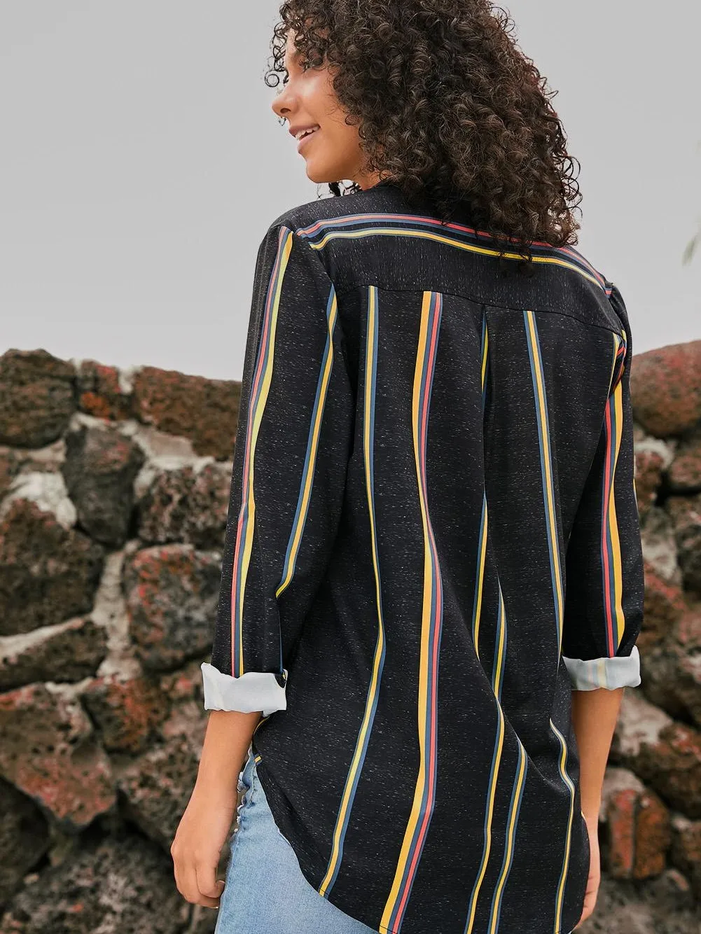 3/4 Sleeve Collared Striped Shirt