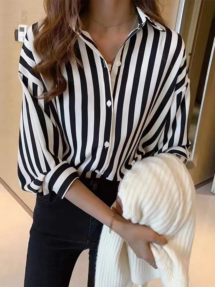 3/4 Sleeve Collared Striped Shirt