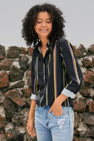 3/4 Sleeve Collared Striped Shirt