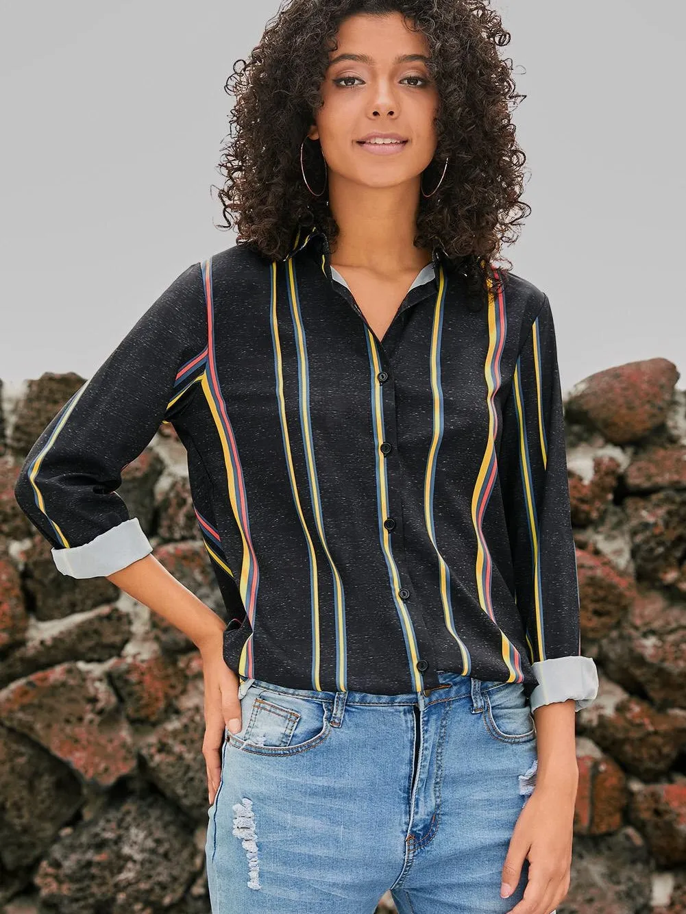 3/4 Sleeve Collared Striped Shirt