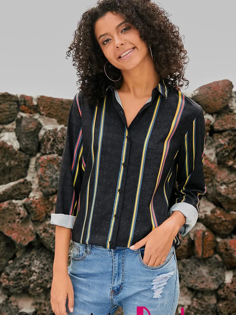 3/4 Sleeve Collared Striped Shirt