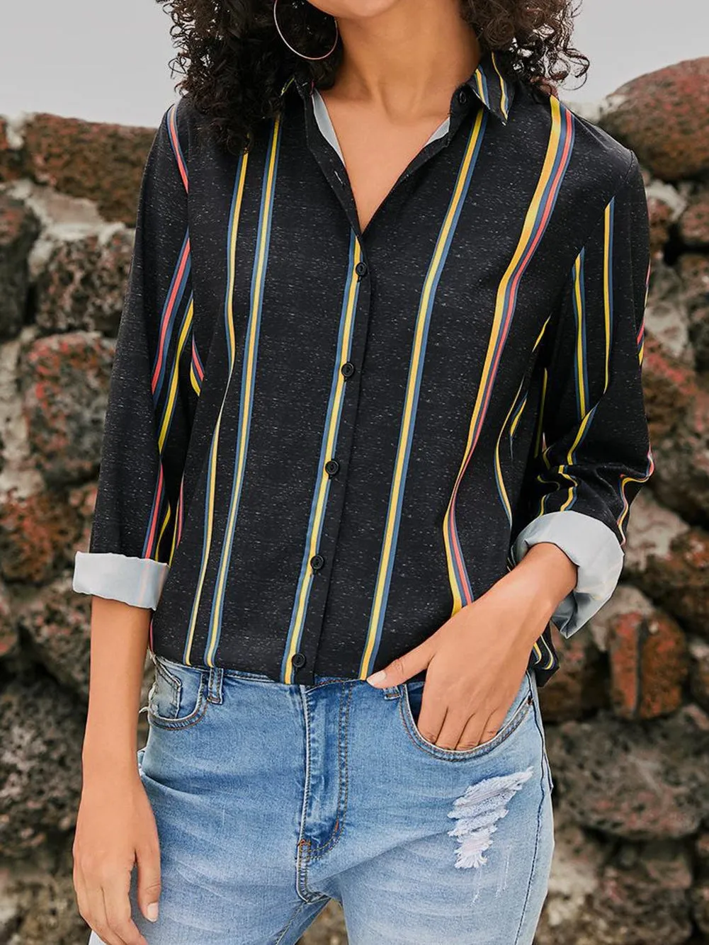 3/4 Sleeve Collared Striped Shirt