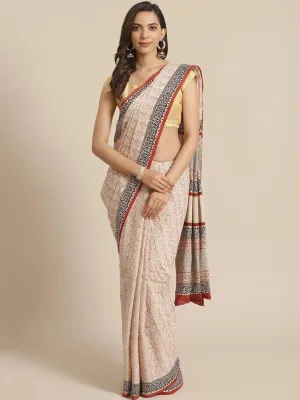 Beige Printed Cotton Saree