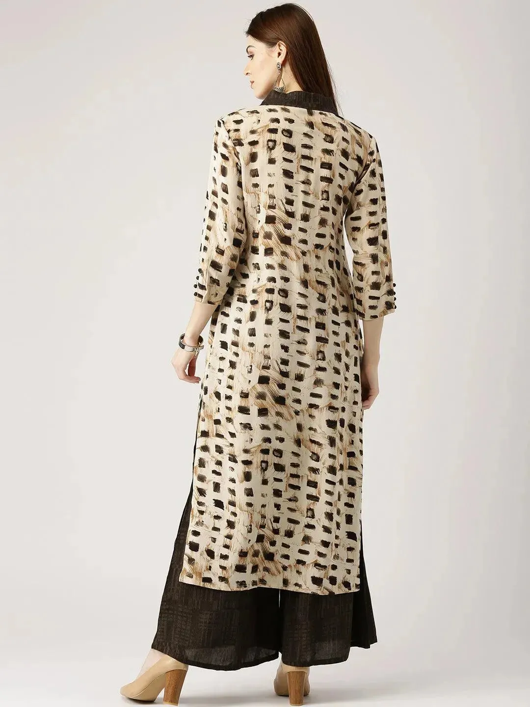 Beige Printed Rayon Straight Kurta With Palazzos