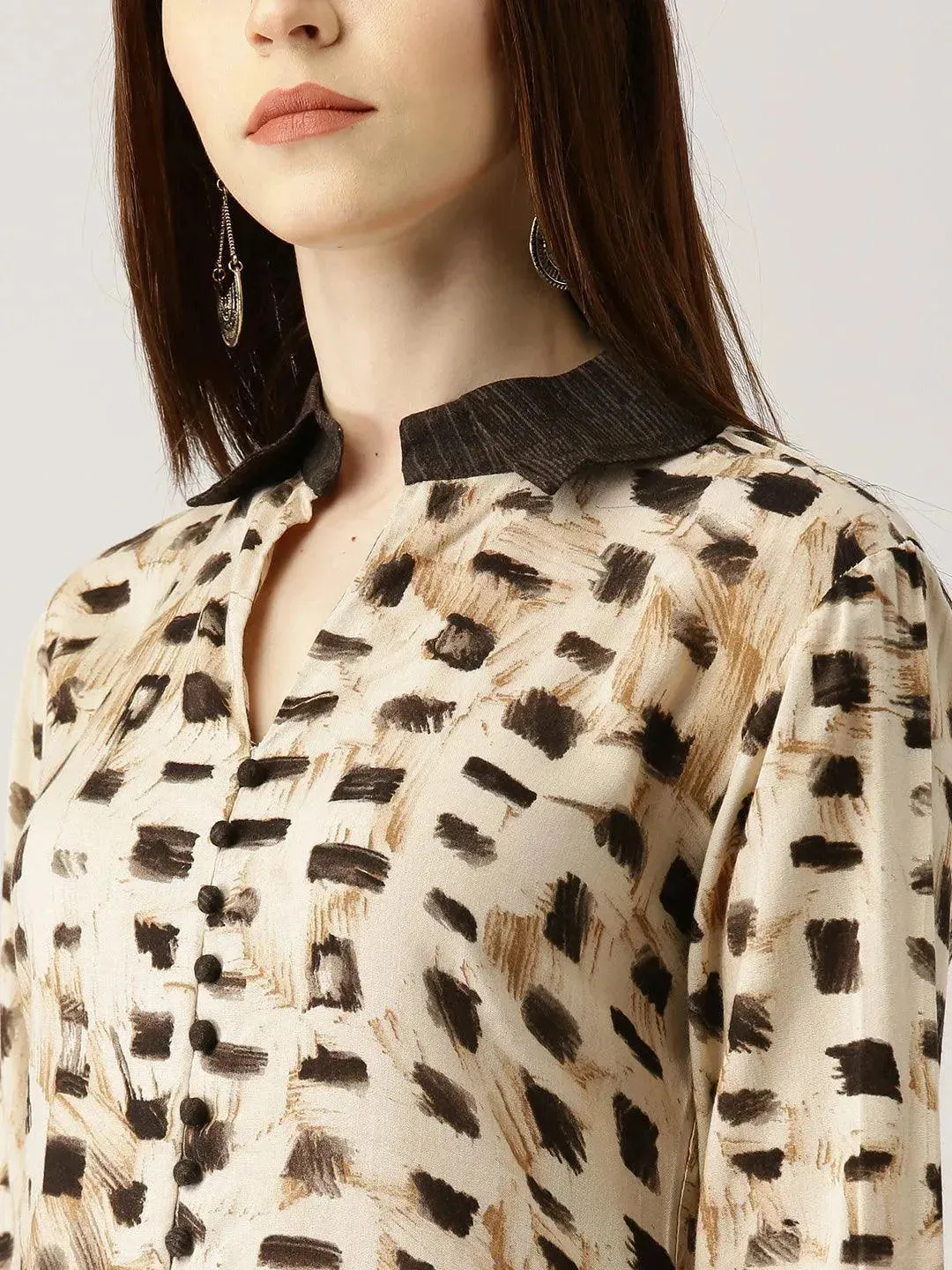 Beige Printed Rayon Straight Kurta With Palazzos