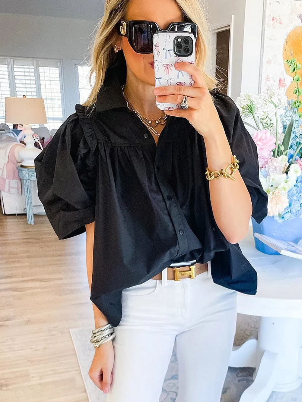 Black Cotton Poplin Blouse