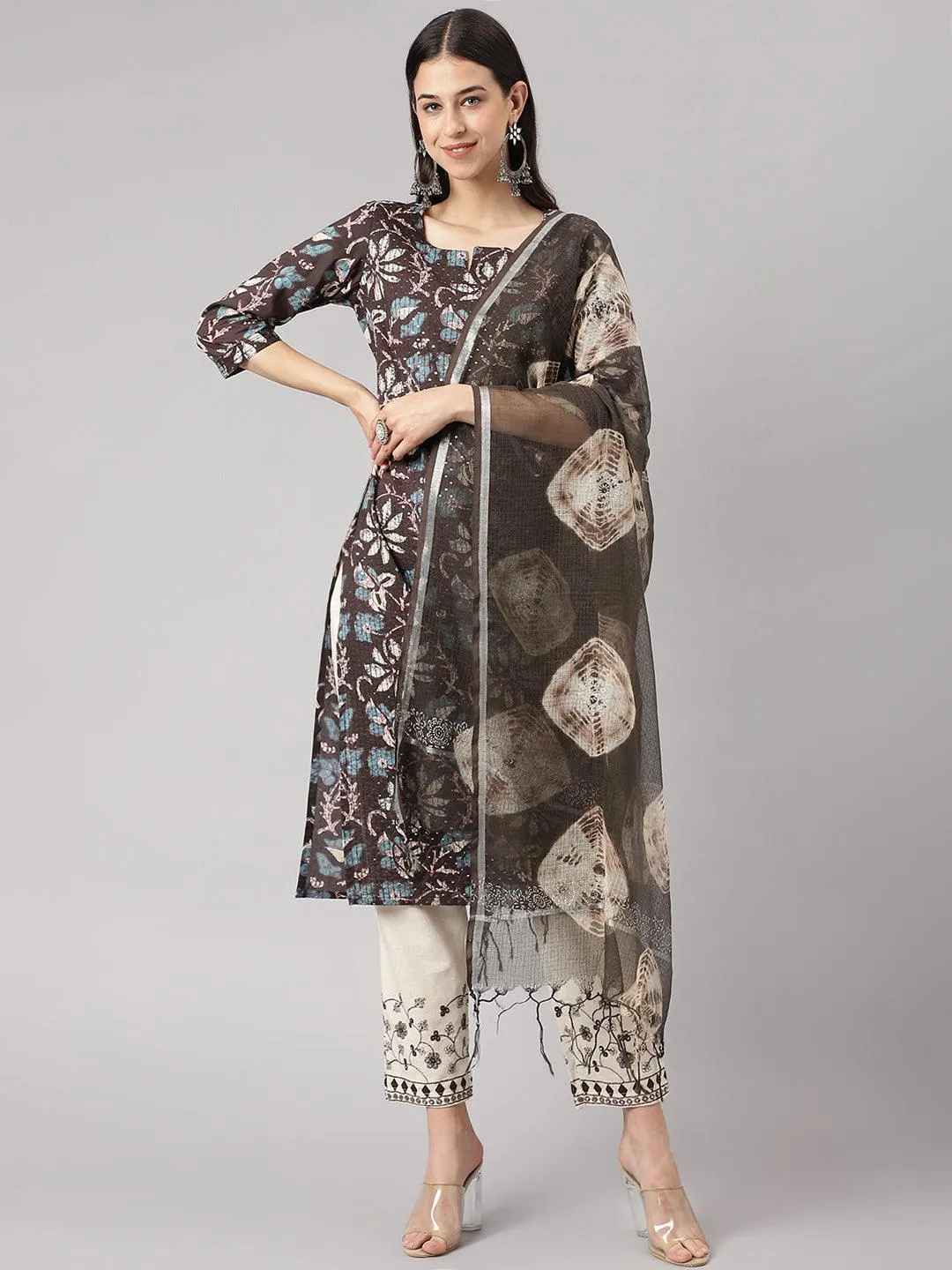 Black Floral Cotton Kurta pant Set with Dupatta