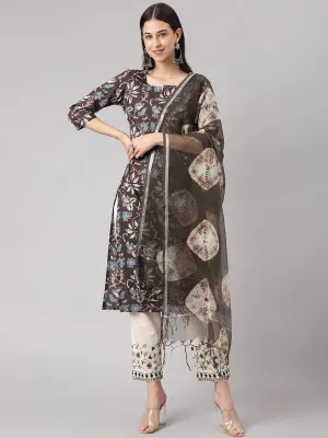 Black Floral Cotton Kurta pant Set with Dupatta