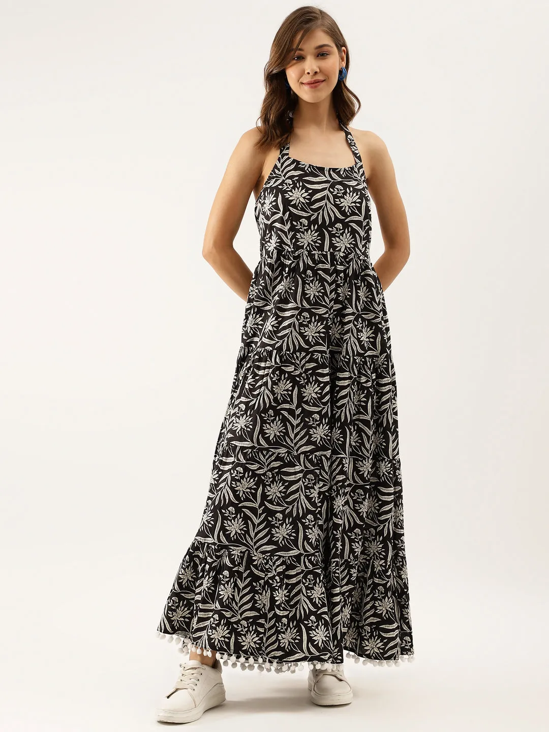 Black Floral Printed Cotton Ethnic Dress for Women