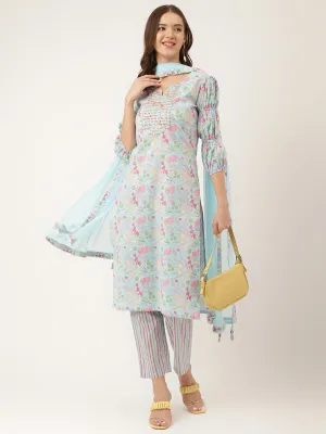 Blue Floral Print Cotton  Kurta, Trouser With Dupatta
