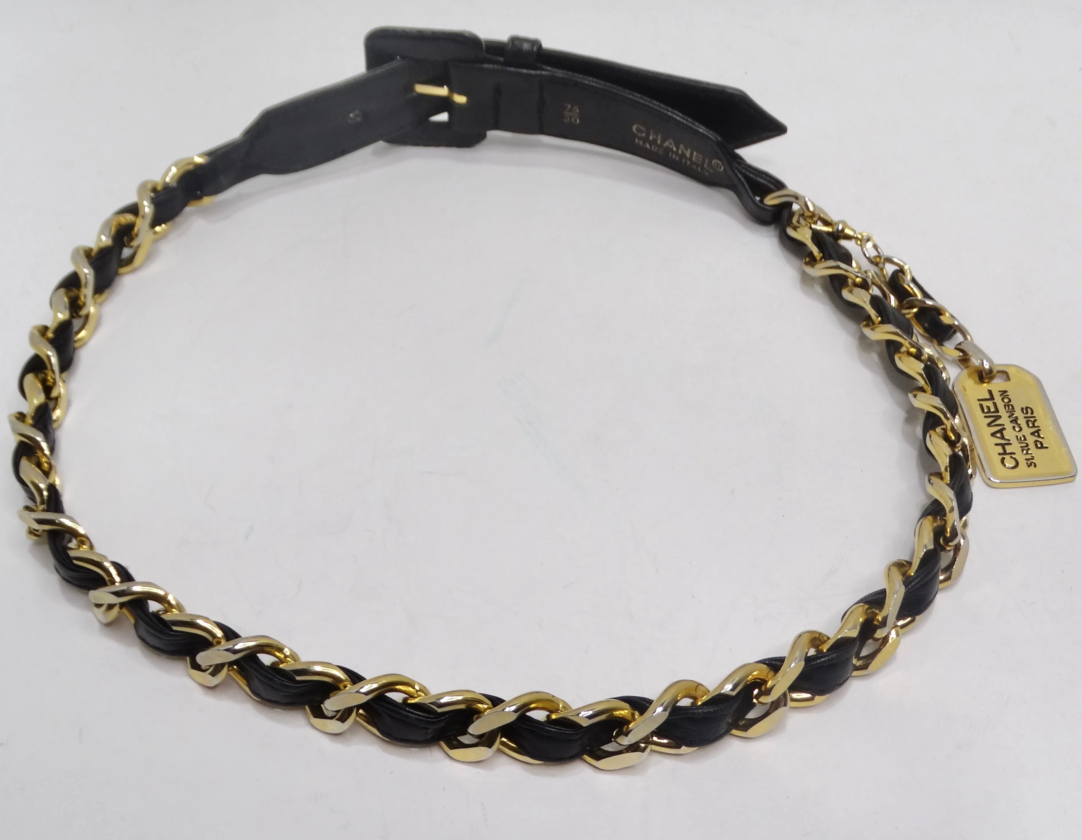 Chanel 1990s 31 Rue Cambon Black Leather Chain Belt