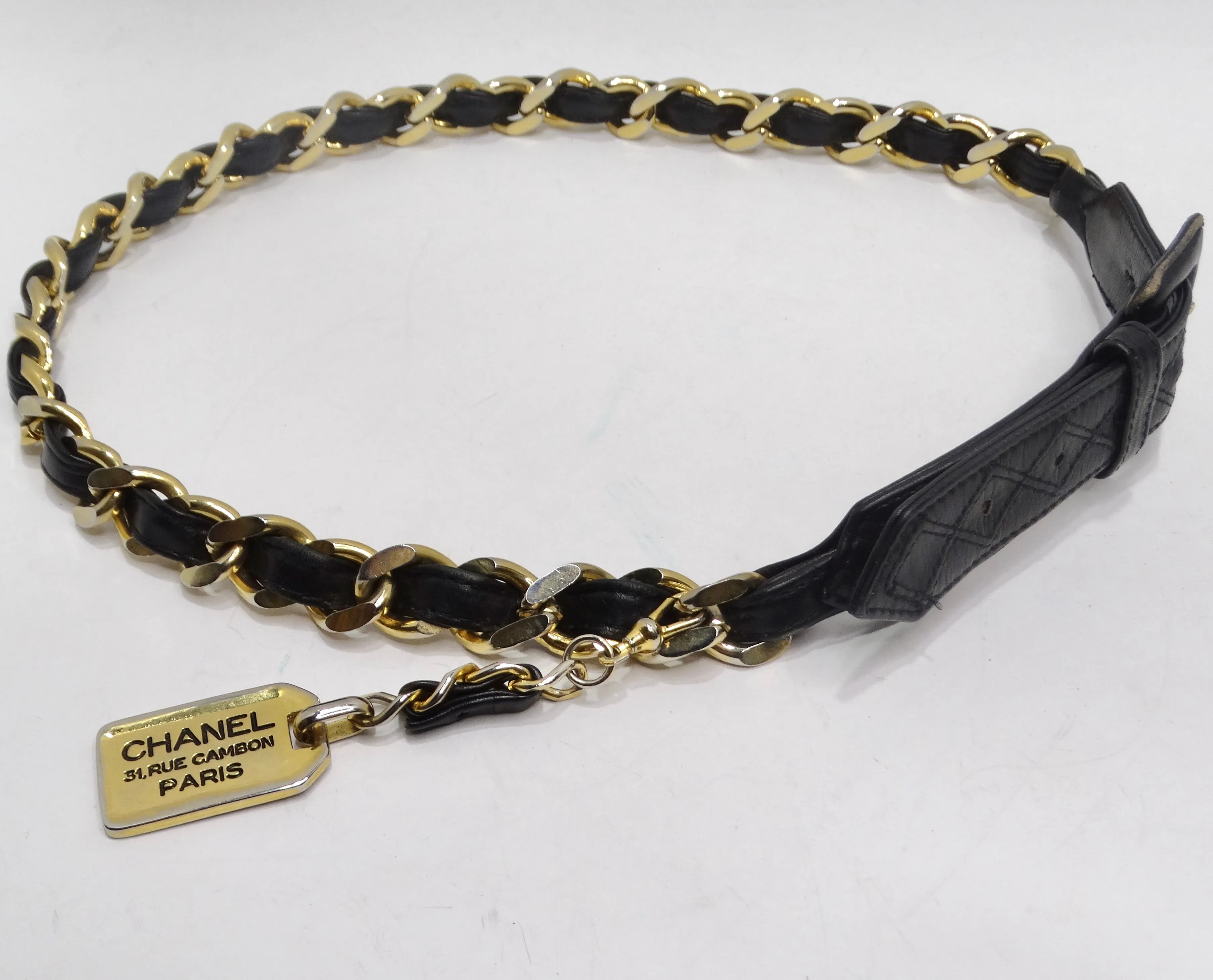 Chanel 1990s 31 Rue Cambon Black Leather Chain Belt