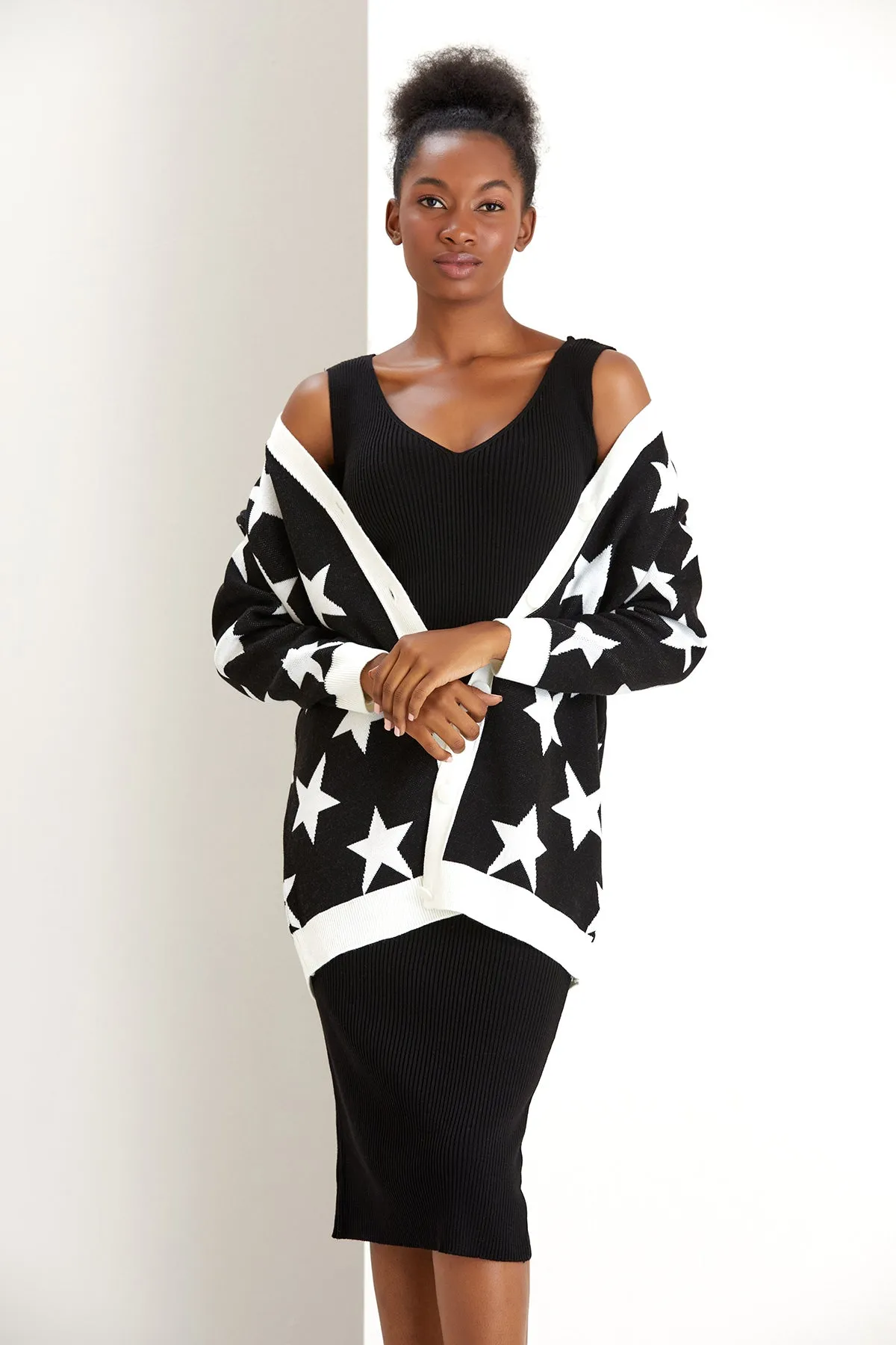 Classic Black Knitted Midi & Cardigan Duo