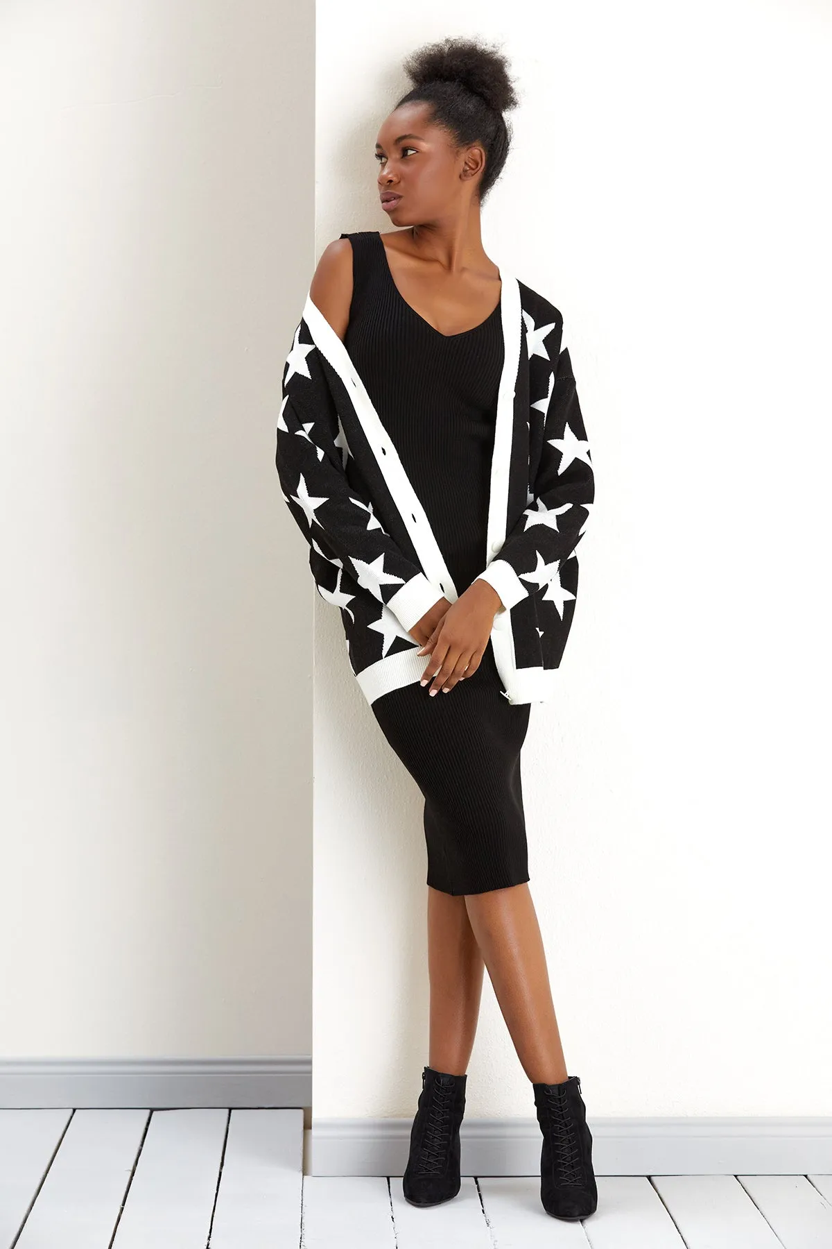 Classic Black Knitted Midi & Cardigan Duo