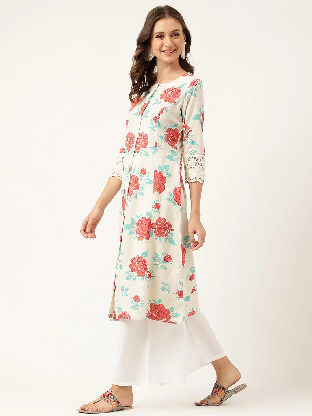 Cream Floral Printed Cotton A-Line  Kurta