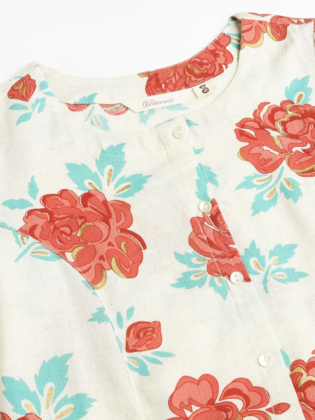 Cream Floral Printed Cotton A-Line  Kurta