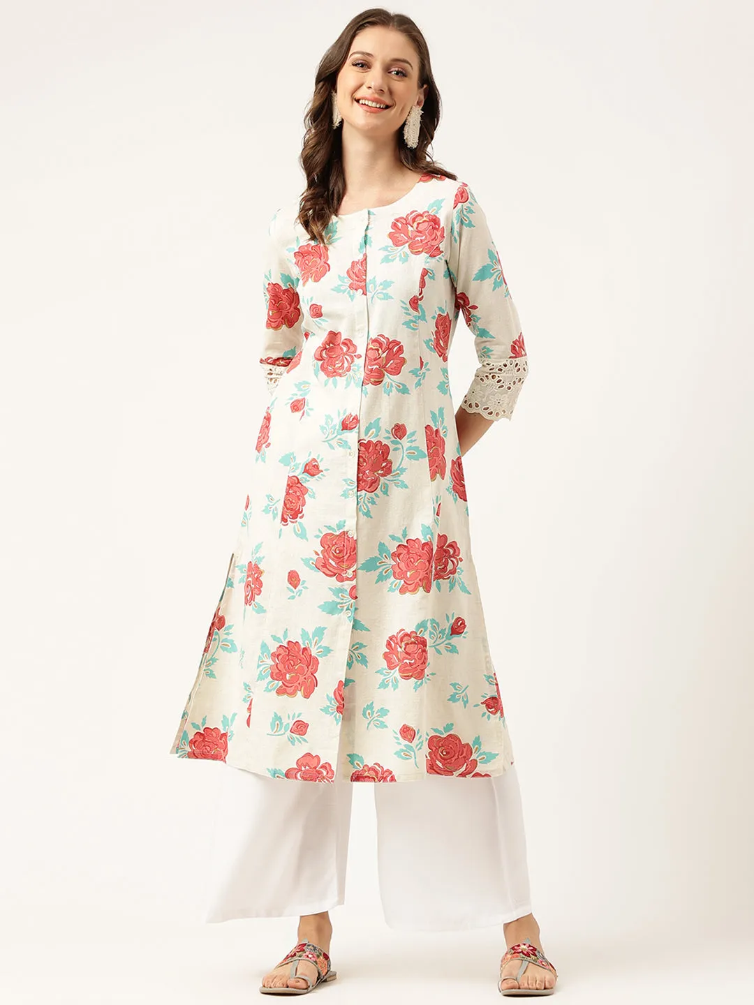Cream Floral Printed Cotton A-Line  Kurta