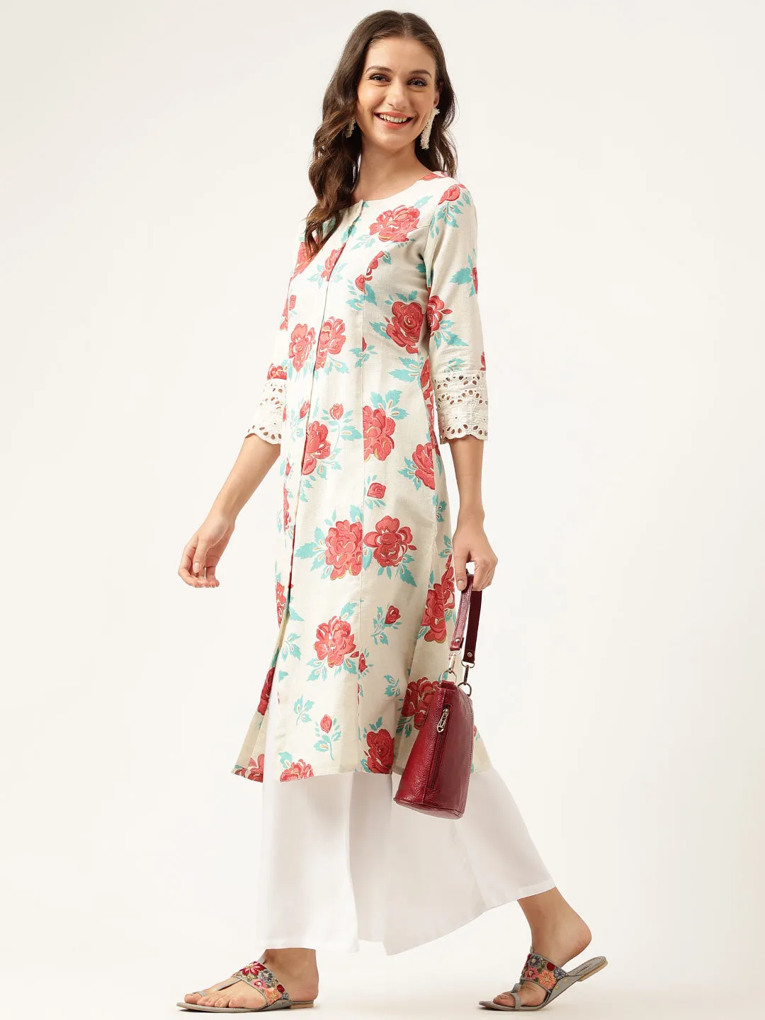 Cream Floral Printed Cotton A-Line  Kurta