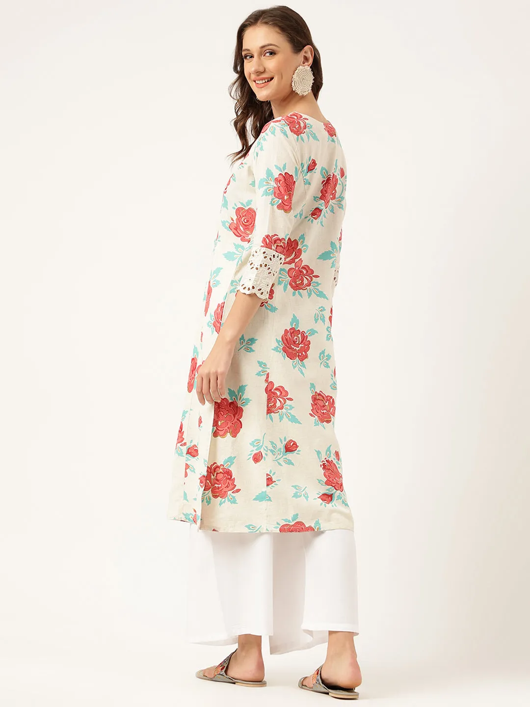 Cream Floral Printed Cotton A-Line  Kurta