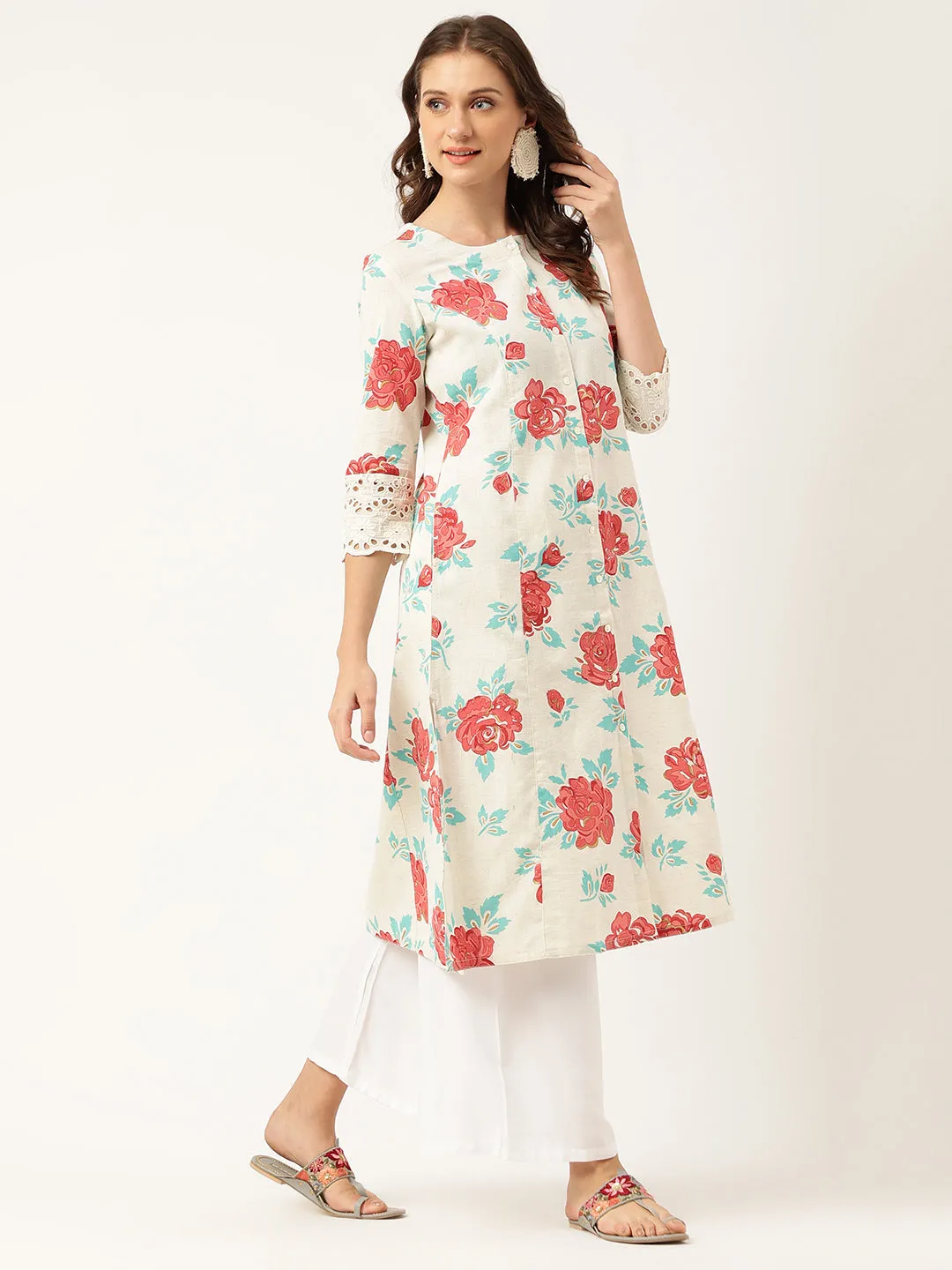 Cream Floral Printed Cotton A-Line  Kurta