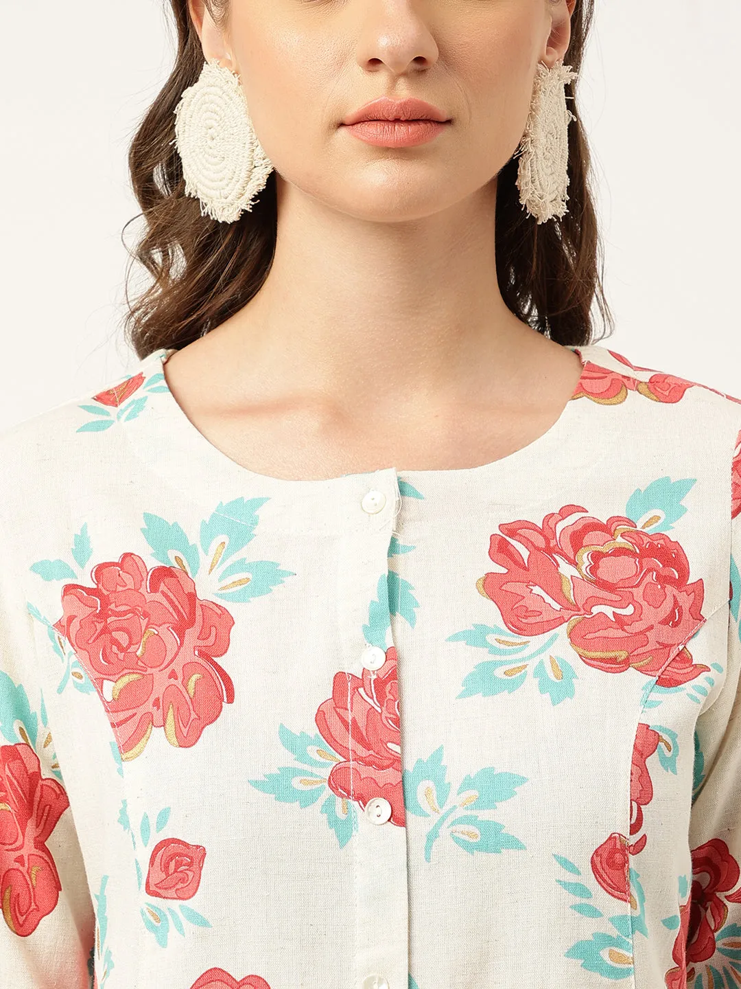 Cream Floral Printed Cotton A-Line  Kurta