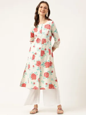 Cream Floral Printed Cotton A-Line  Kurta