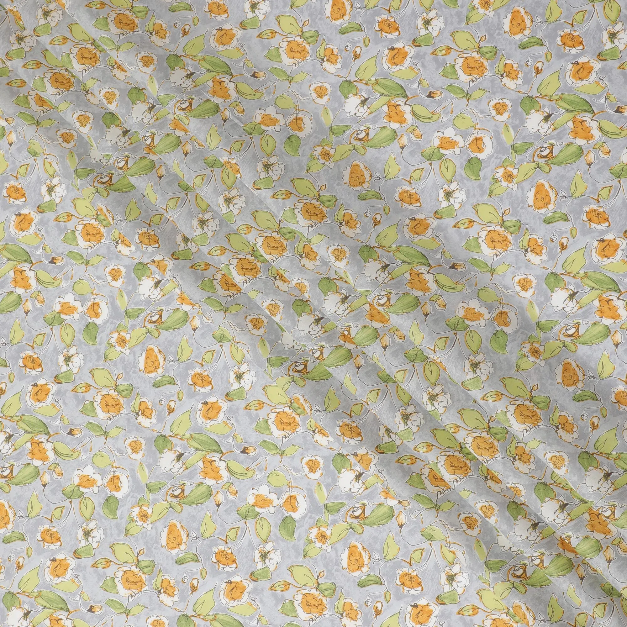 Elegant Gray Floral Cotton Lawn Fabric with Yellow and White Blossoms, 110 cm Wide, Japanese Design-D19547