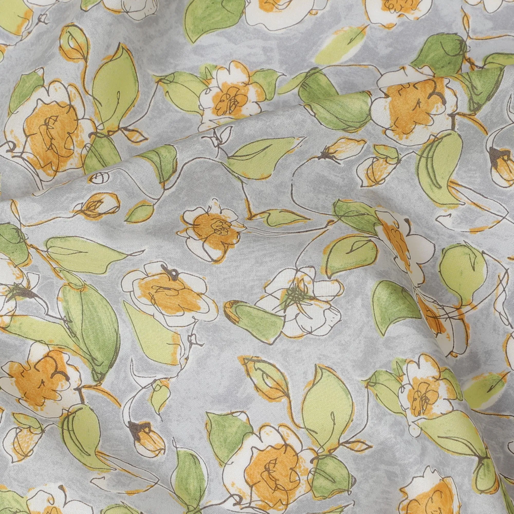 Elegant Gray Floral Cotton Lawn Fabric with Yellow and White Blossoms, 110 cm Wide, Japanese Design-D19547