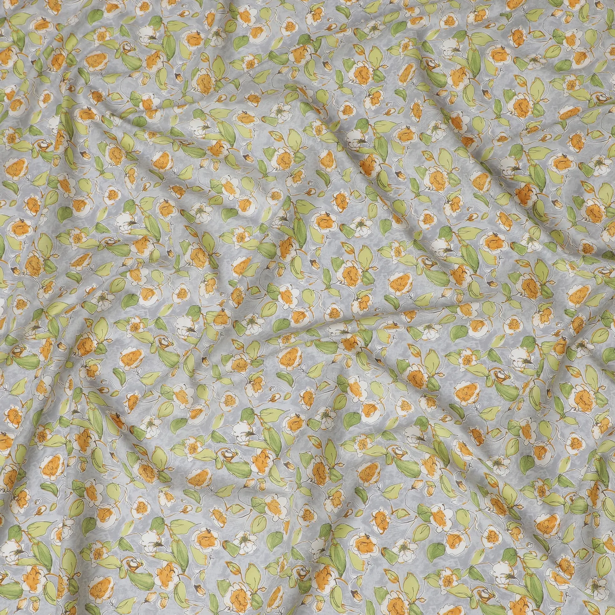 Elegant Gray Floral Cotton Lawn Fabric with Yellow and White Blossoms, 110 cm Wide, Japanese Design-D19547
