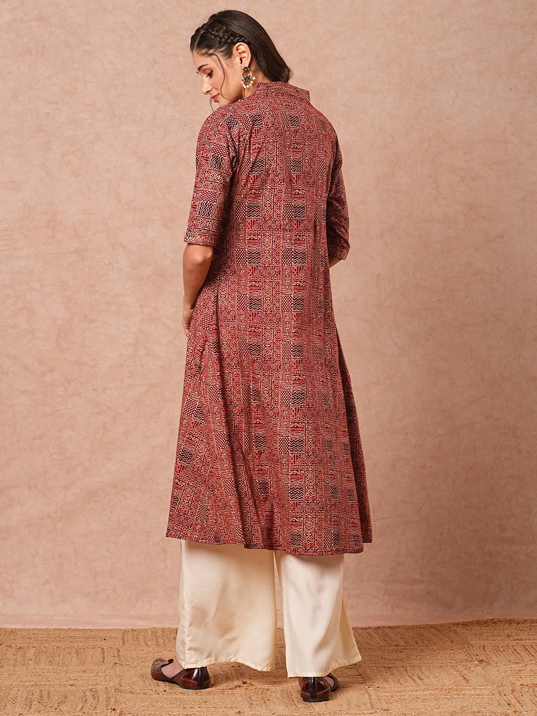 Ethnic Geometric Foil Printed A-Line Kurta with Palazzo - Maroon