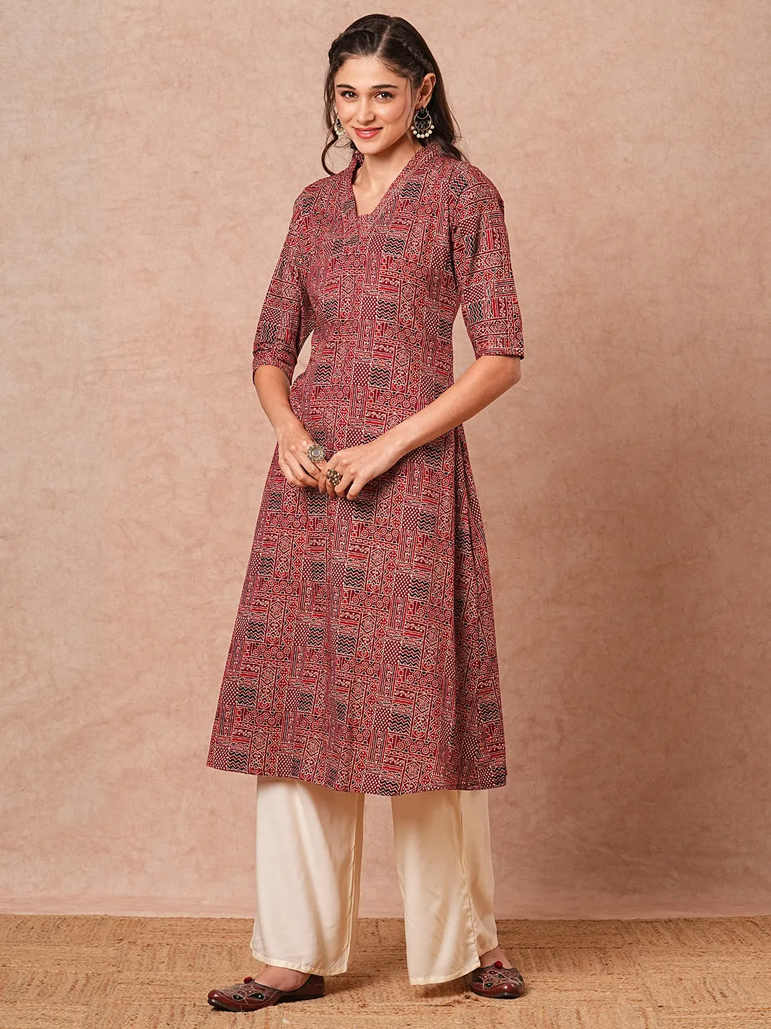 Ethnic Geometric Foil Printed A-Line Kurta with Palazzo - Maroon