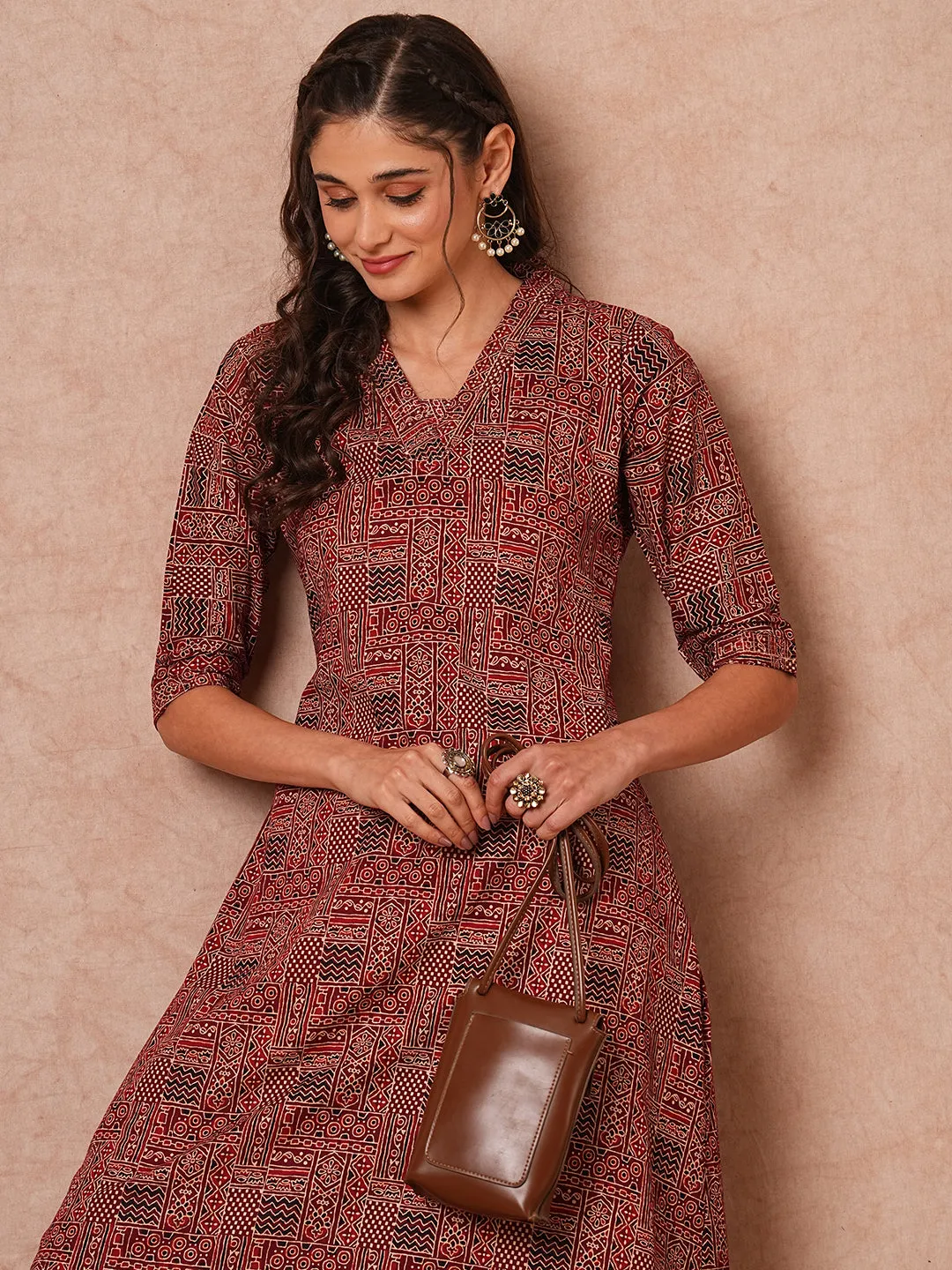 Ethnic Geometric Foil Printed A-Line Kurta with Palazzo - Maroon