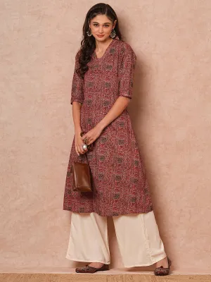 Ethnic Geometric Foil Printed A-Line Kurta with Palazzo - Maroon