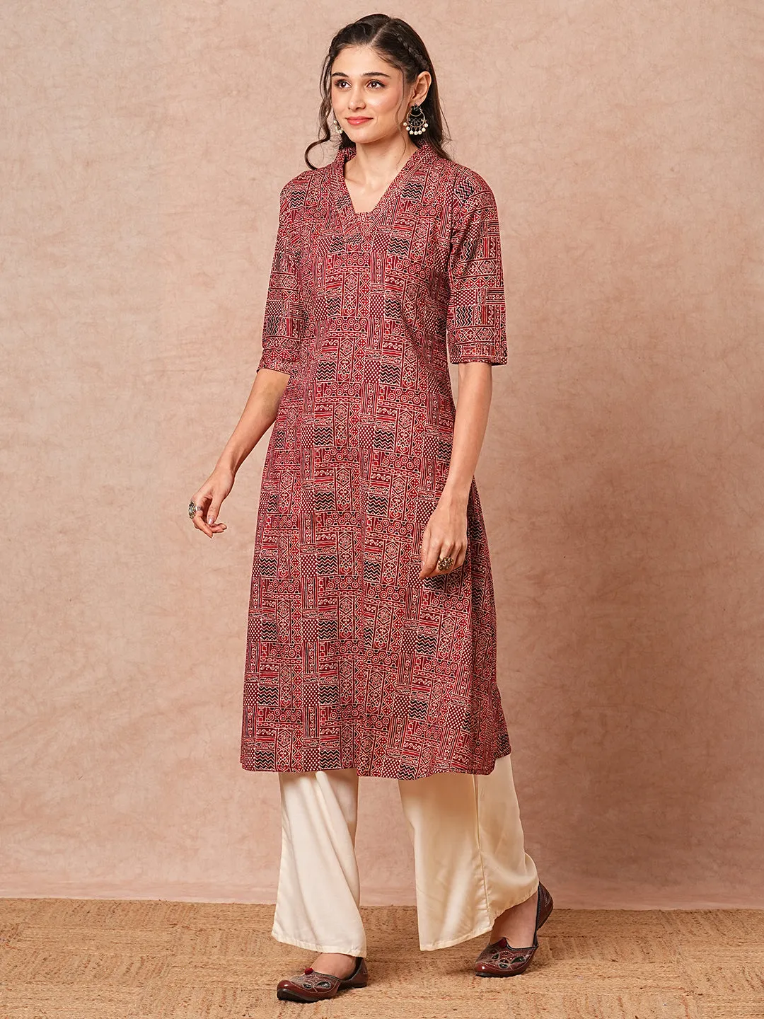 Ethnic Geometric Foil Printed A-Line Kurta with Palazzo - Maroon