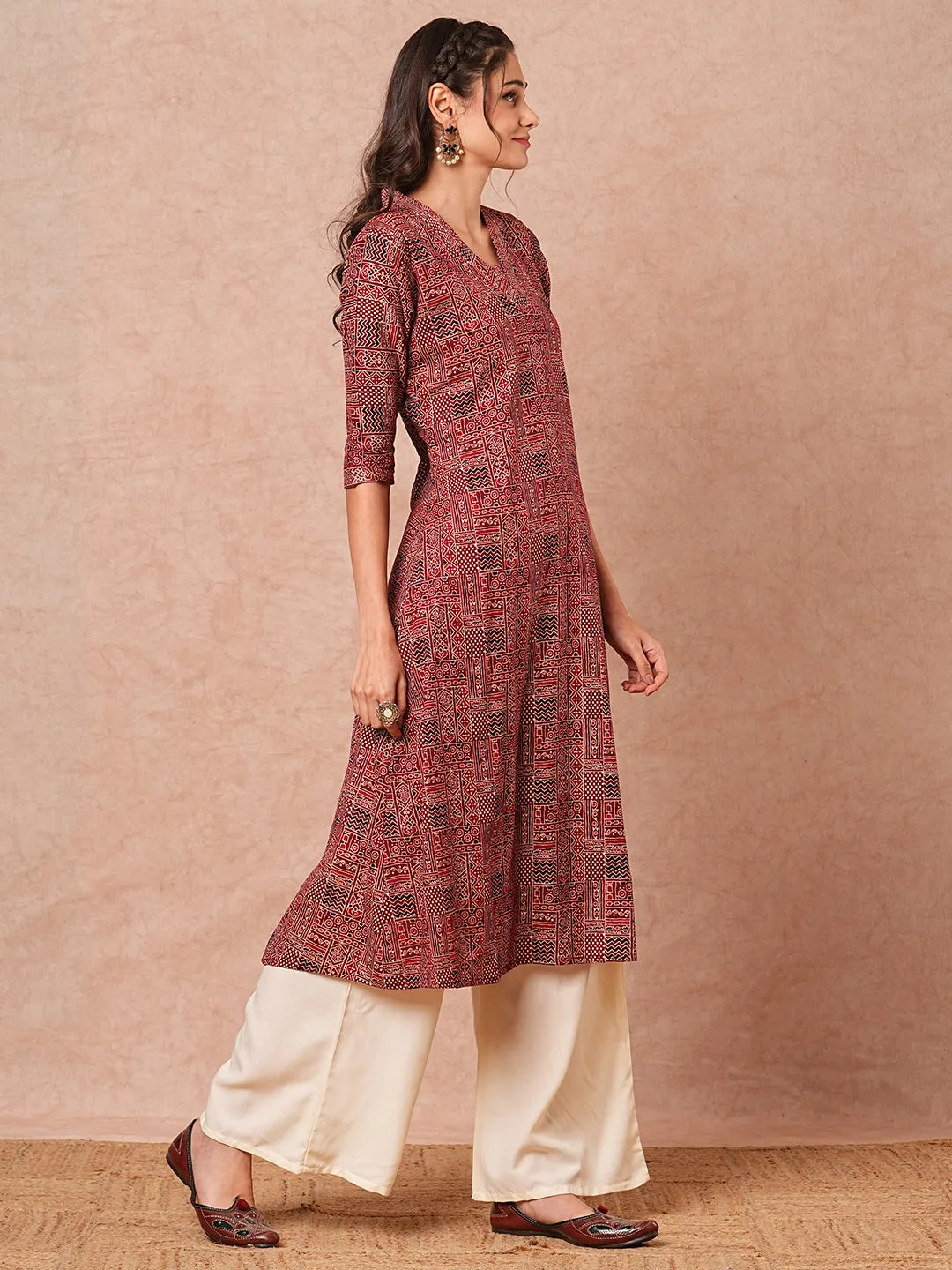 Ethnic Geometric Foil Printed A-Line Kurta with Palazzo - Maroon
