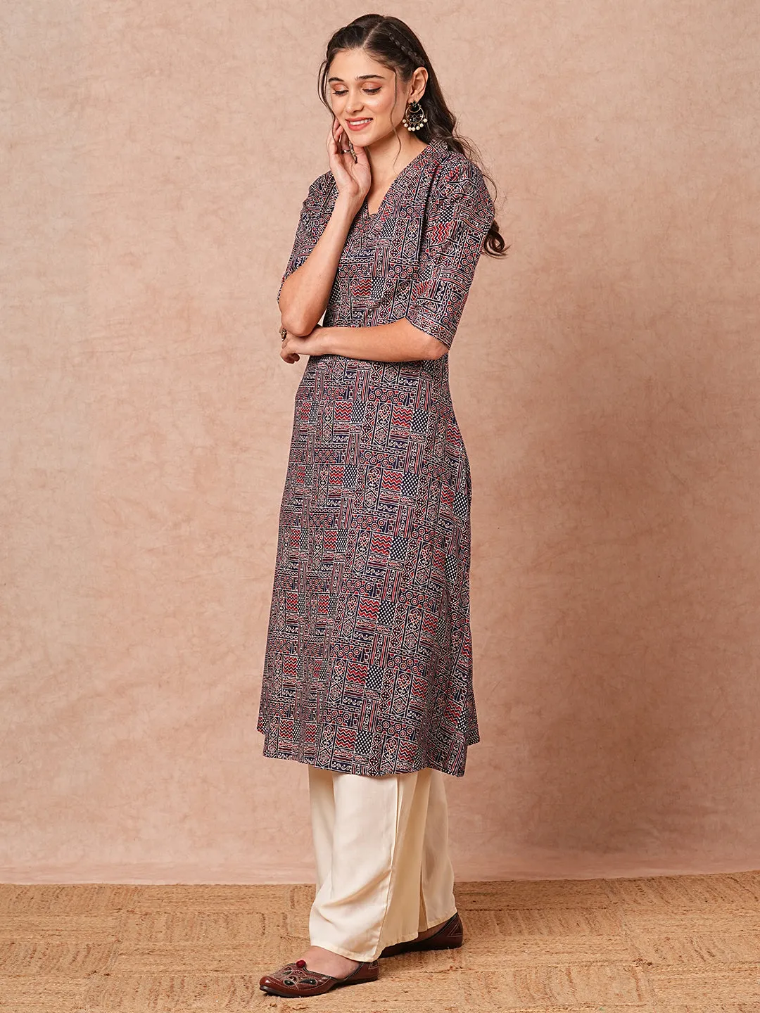 Ethnic Geometric Foil Printed A-Line Kurta with Palazzo - Navy Blue