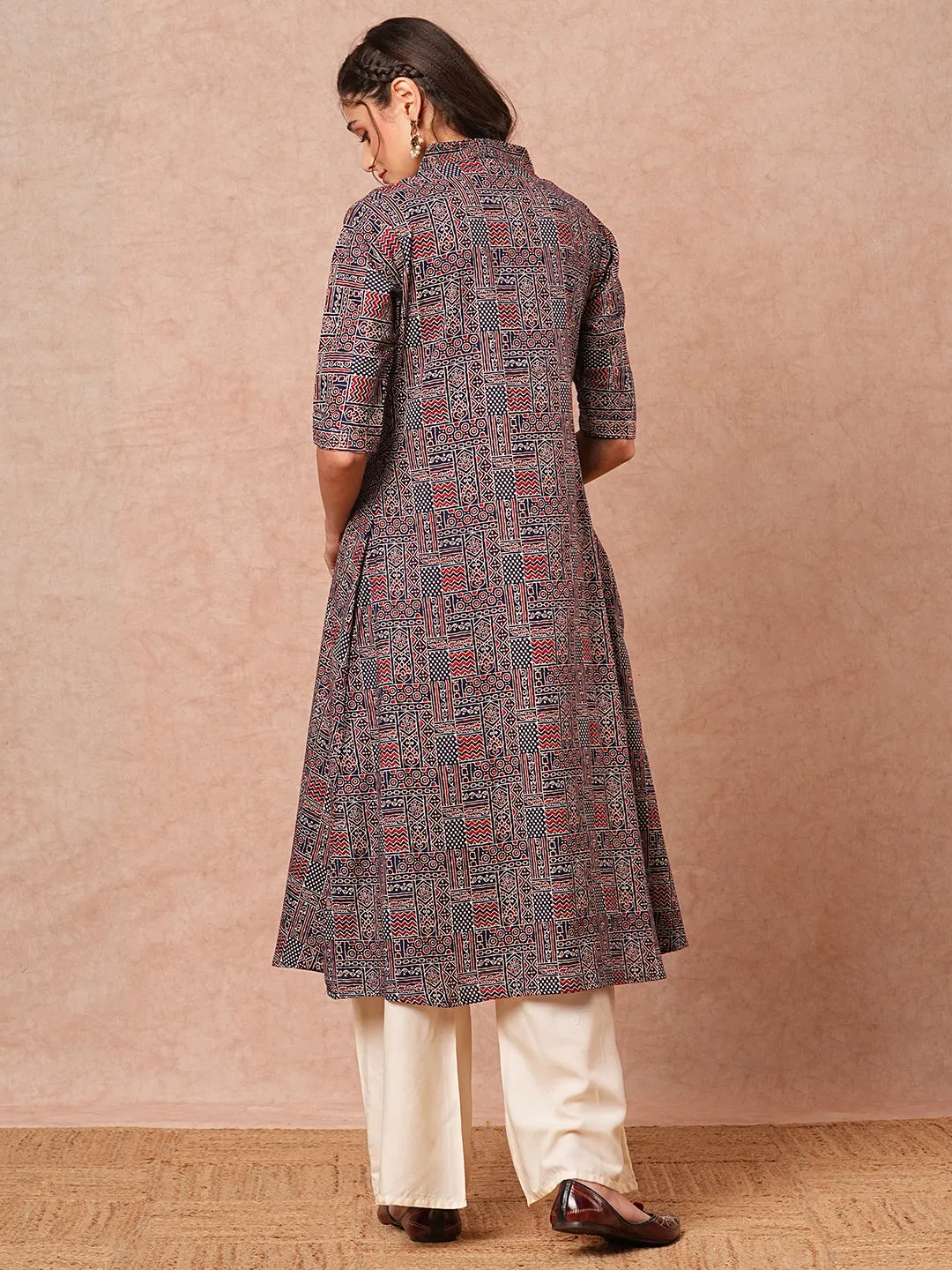 Ethnic Geometric Foil Printed A-Line Kurta with Palazzo - Navy Blue