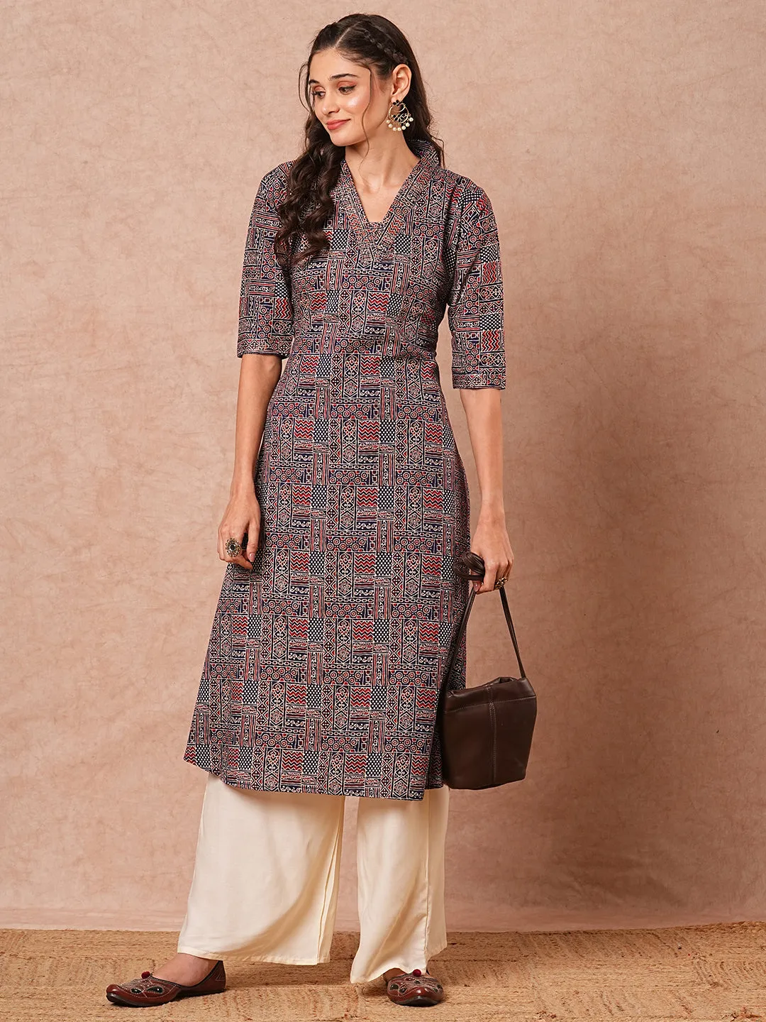Ethnic Geometric Foil Printed A-Line Kurta with Palazzo - Navy Blue