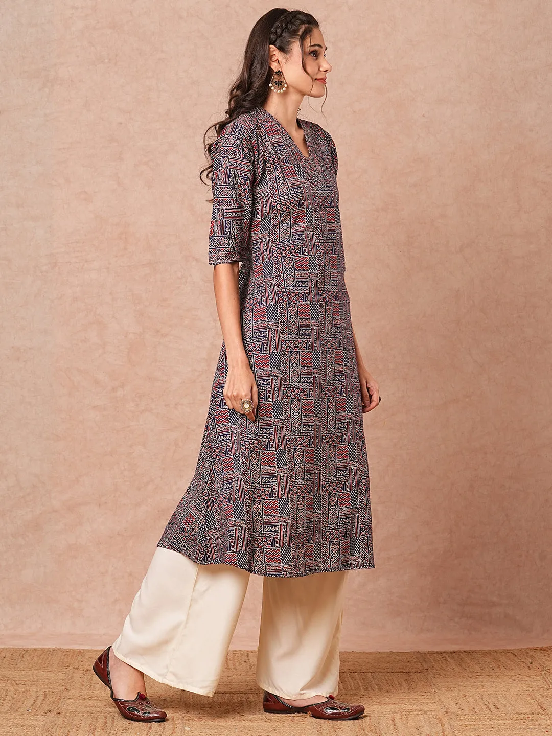Ethnic Geometric Foil Printed A-Line Kurta with Palazzo - Navy Blue